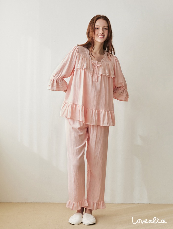 (여성) 플랑 면레이온 이중지 7부소매 상하 잠옷 핑크