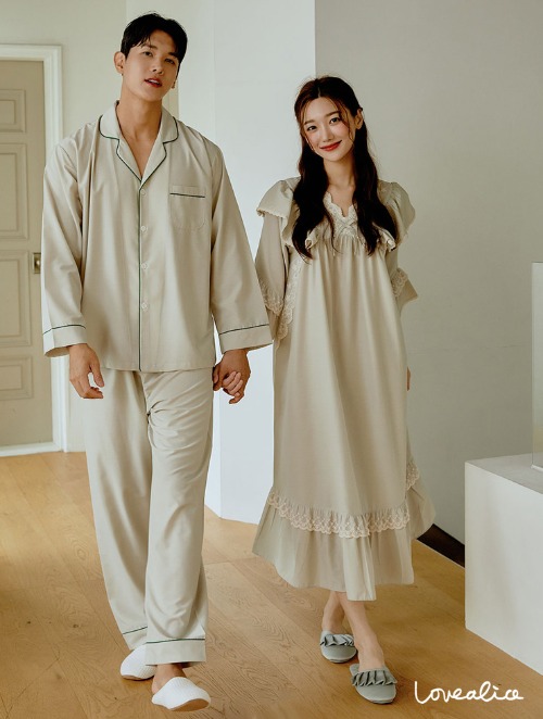 (커플) 소이 모달혼방 7부소매 브이넥원피스 커플잠옷