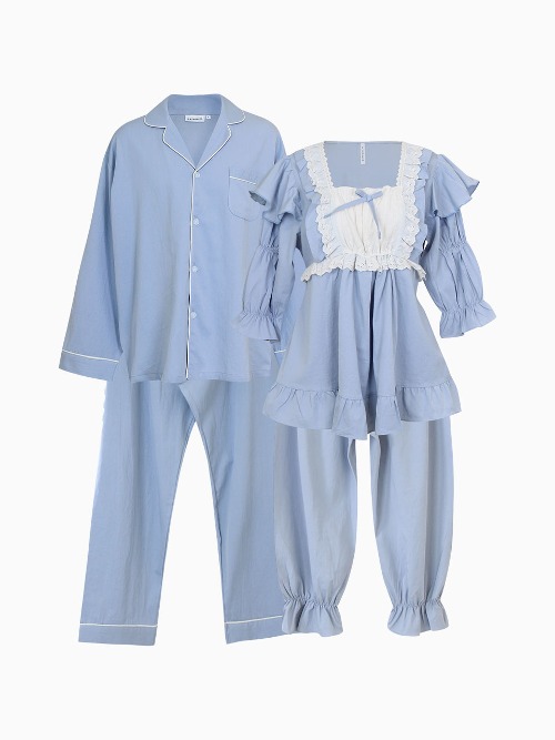 (커플) 쟌느 워싱코튼 스퀘어넥 7부소매상하 커플잠옷